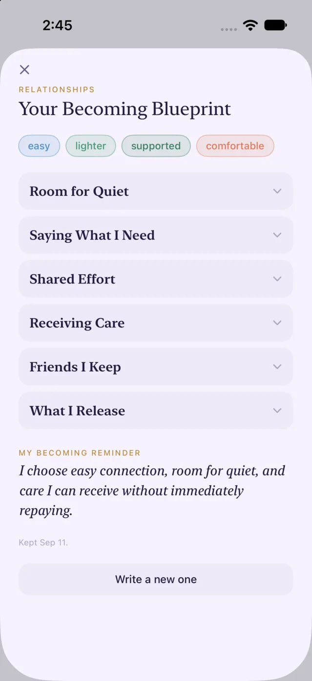 A Becoming Blueprint: feeling words as chips, six short themed sections, and a closing reminder.