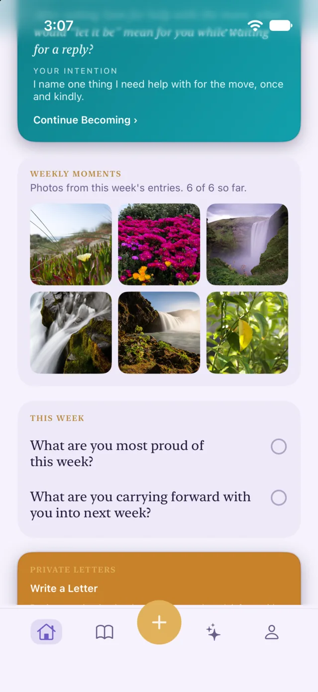 Home scrolled to Weekly moments, a grid of six photos from this week's entries, above the two questions for this week.