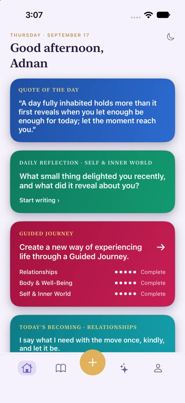 Nouvel's home screen: the quote of the day, today's daily reflection, and the Guided Journey card with three journeys complete.