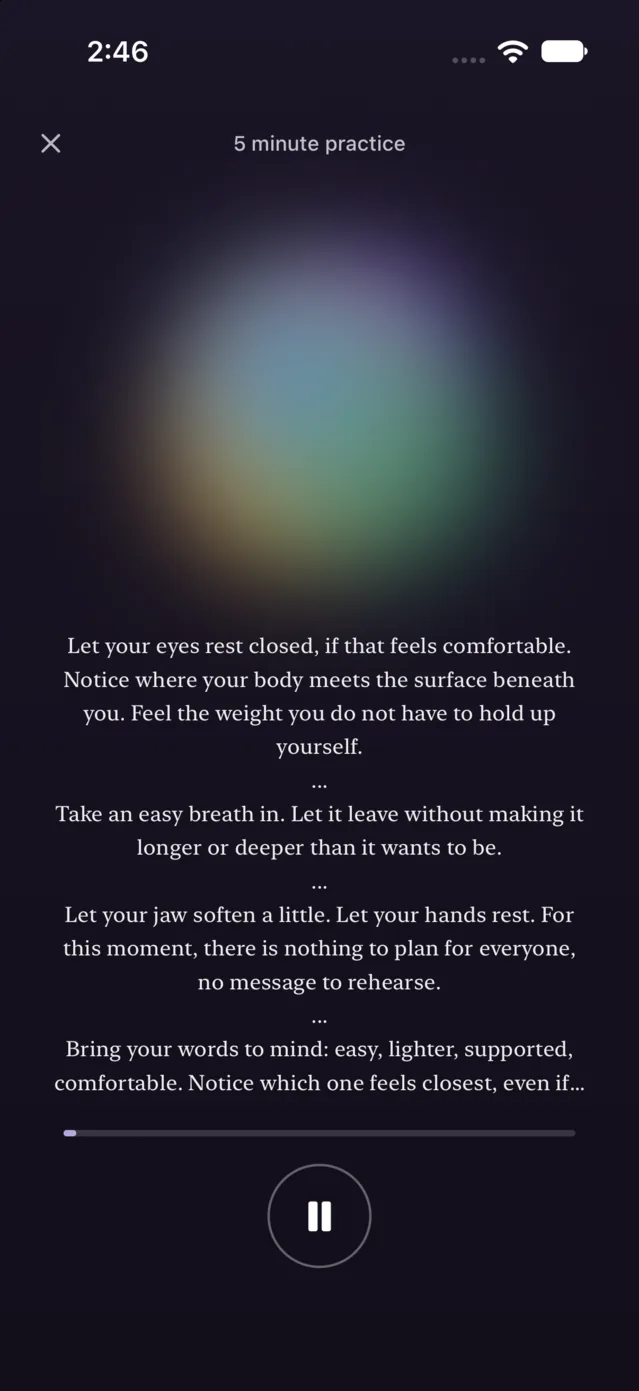The visualization practice: a soft bloom of colour above the line being spoken, with a pause control below.